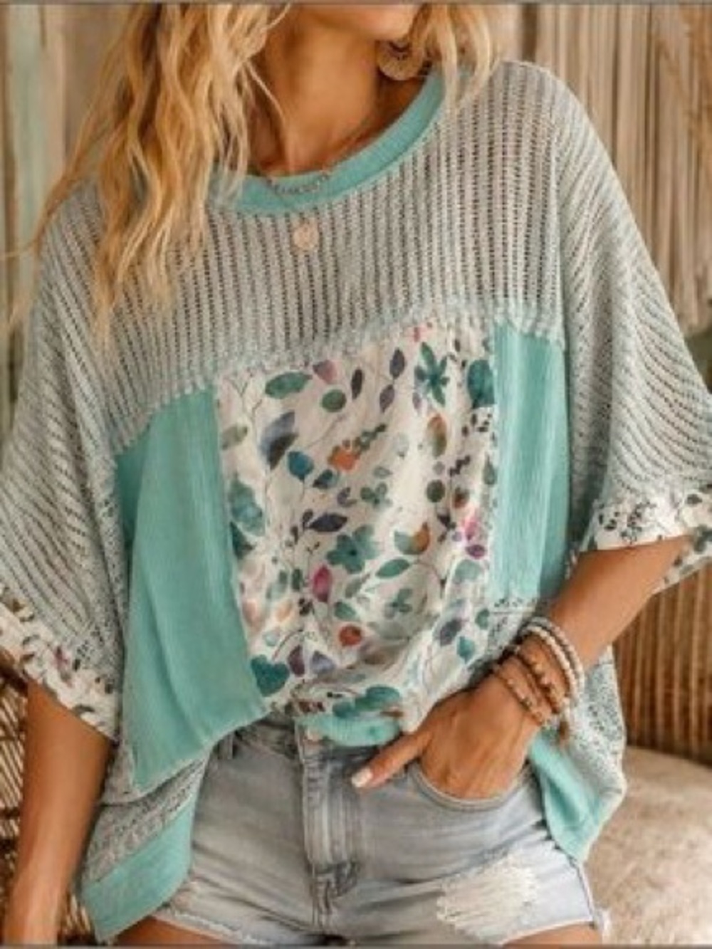 POL Oversized Mint Floral Patchwork Knit Tunic